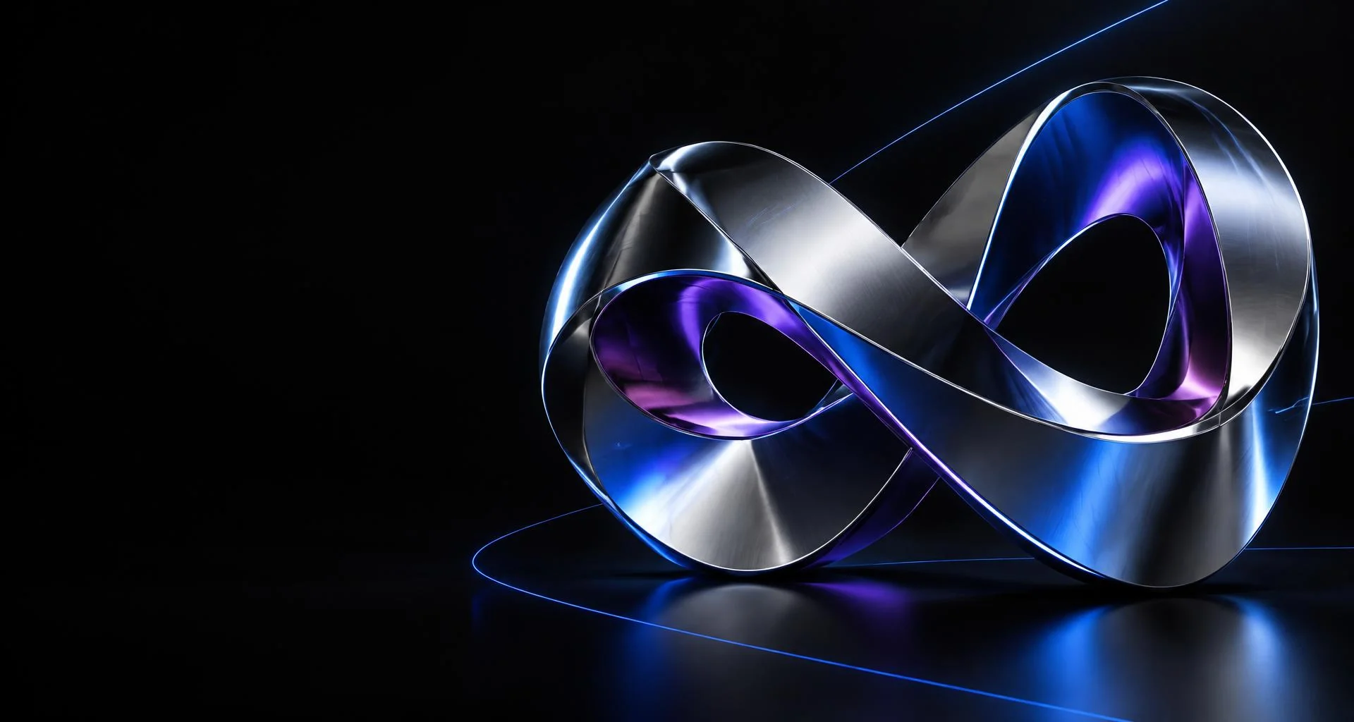 Sculptural chrome ribbon illuminated with electric blue and violet light
